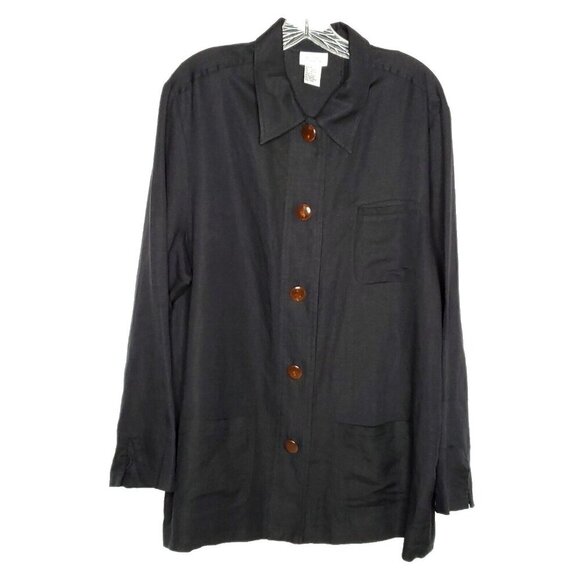 Deane & White Linen Tunic Top L Black Button Up Pockets Long Sleeve Lagenlook - Picture 1 of 8